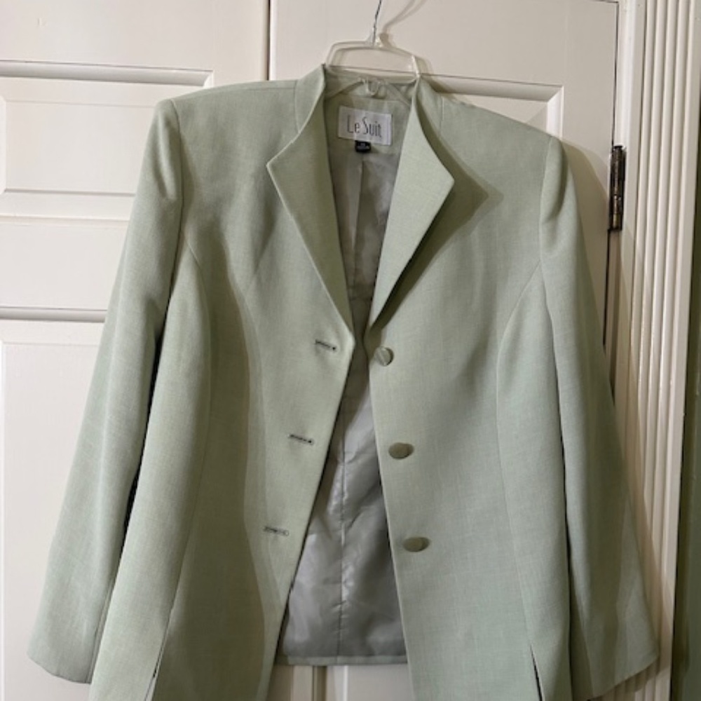 Le Suit Size 14 Pale Green Skirt Suit Set Blazer High Neck Career FLAWED